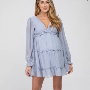 Pinkblush Maternity Chiffon Ruffle Tier Open Back Dress in Light Blue size Small